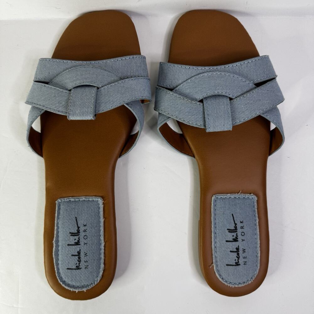 Nicole Miller New York Women’s Denim Criss Cross Slide Sandals Size 8.5 New